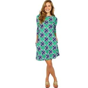 Barbara Gerwit Ribbons A-Line Mini Dress 3/4 Sleeve in Navy Green Sz XS